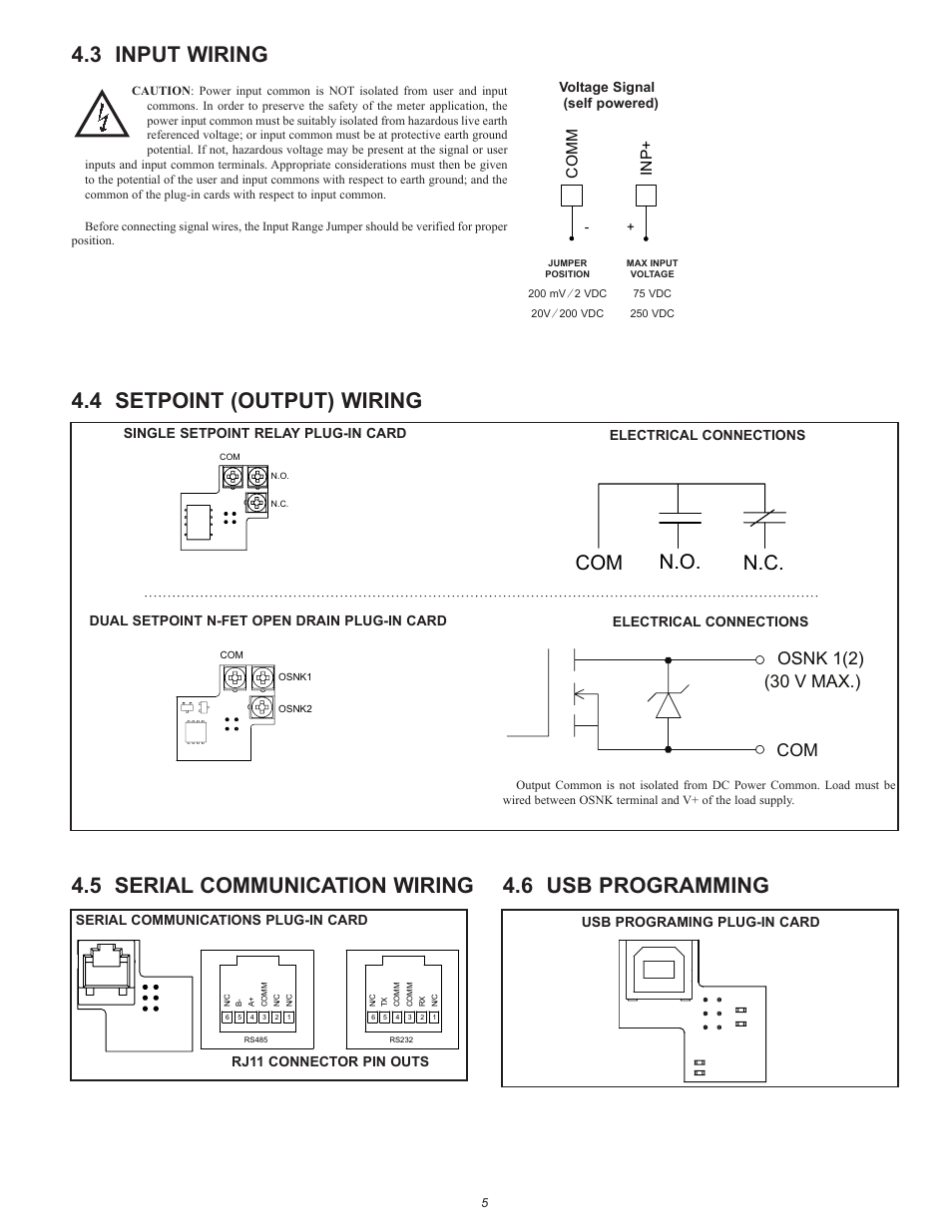 3 input wiring, 4 setpoint (output) wiring, 5 serial communication wiring | 6 usb programming, Com n.o. n.c, Com osnk 1(2) (30 v max.), Comm inp | Red Lion CUB5V User Manual | Page 5 / 12