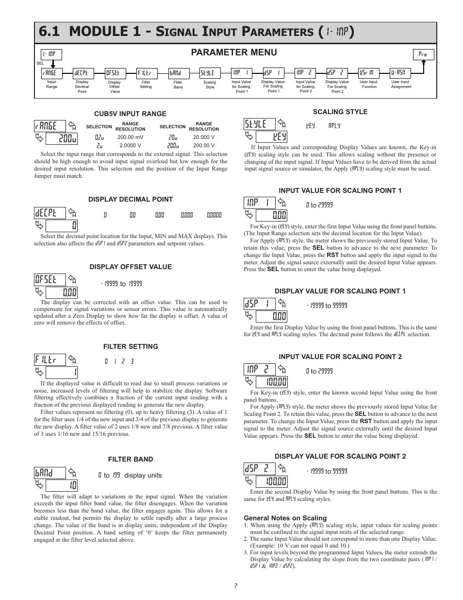1 module 1 - s, 200u ran6e, 0decpt | 1filtr, 10 band, Key style, 00 inp 1, 00 dsp 1, 00 inp 2, 00 dsp 2 | Red Lion CUB5V User Manual | Page 7 / 12