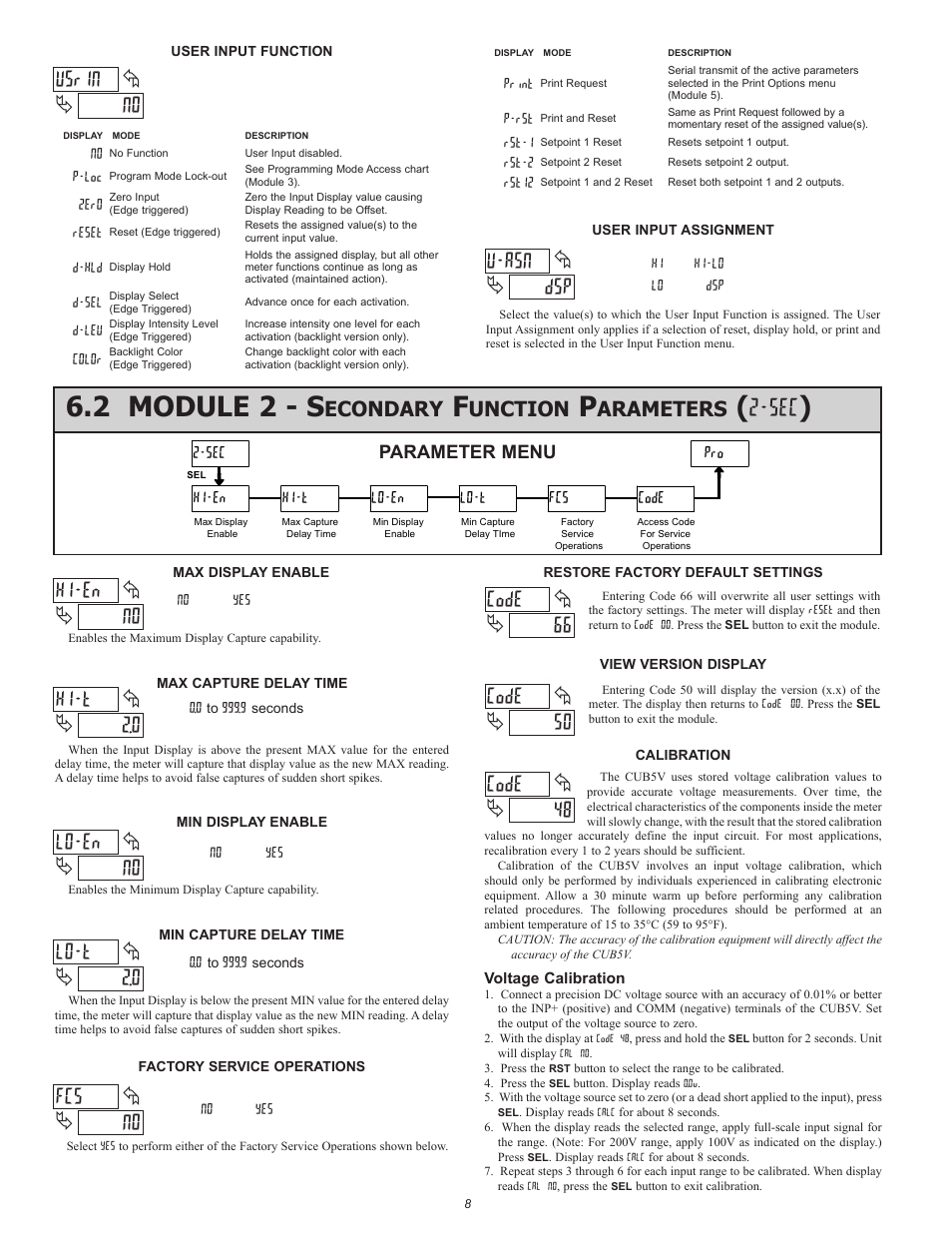 2 module 2 - s, 0 hi-t, No lo-en | No fcs, 0 lo-t, No usrin, Dsp u-asn, No hi-en, 48 code, 66 code | Red Lion CUB5V User Manual | Page 8 / 12