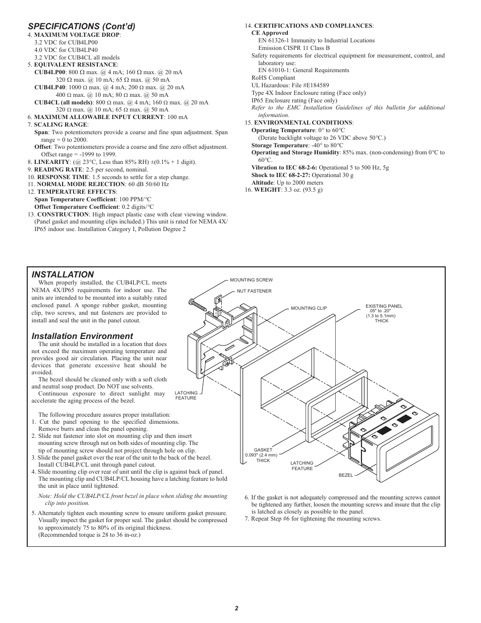 Installation, Installation environment, Specifications (cont’d) | Red Lion CUB4LP User Manual | Page 2 / 4