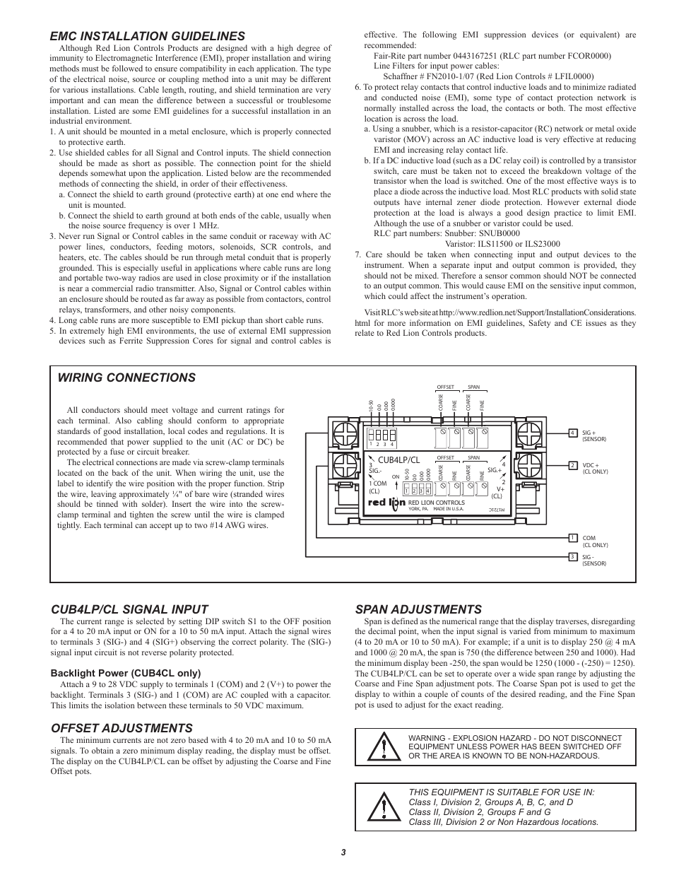 Wiring connections, Cub4lp/cl signal input, Offset adjustments | Span adjustments, Emc installation guidelines, Backlight power (cub4cl only) | Red Lion CUB4LP User Manual | Page 3 / 4