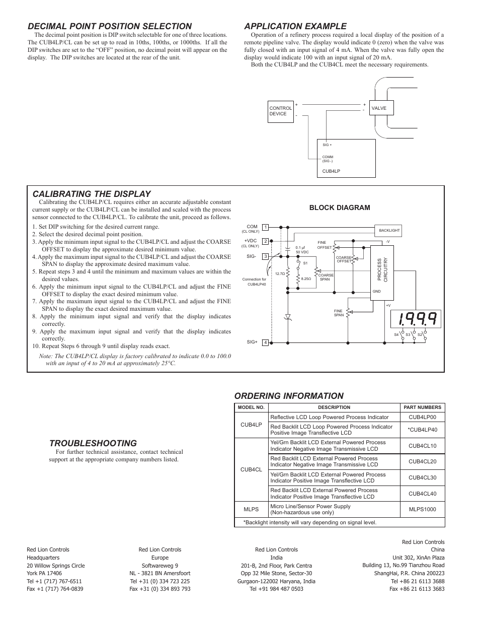Ordering information, Calibrating the display, Decimal point position selection | Application example, Troubleshooting, Block diagram | Red Lion CUB4LP User Manual | Page 4 / 4