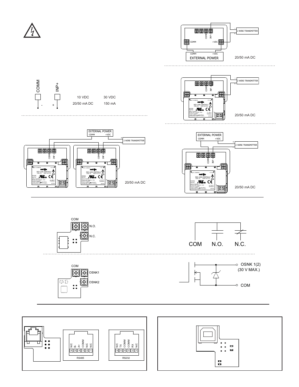 3 input wiring, 4 setpoint (output) wiring, 5 serial communication wiring | 6 usb programming, Com n.o. n.c, Electrical connections, Comm inp, Com osnk 1(2) (30 v max.) | Red Lion CUB5P User Manual | Page 5 / 12
