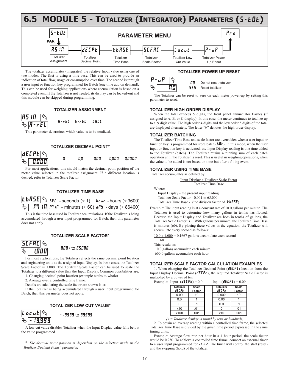 5 module 5 - t, Otalizer, Ntegrator | Arameters, Tbase decpt scfac locut p-up pro, Decpt, Asin | Red Lion PAXDP User Manual | Page 17 / 32