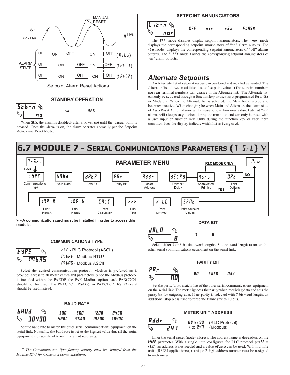 Мн о, 7 module 7 - s, Alternate setpoints | Erial, Ommunications, Arameters | Red Lion PAXDP User Manual | Page 20 / 32