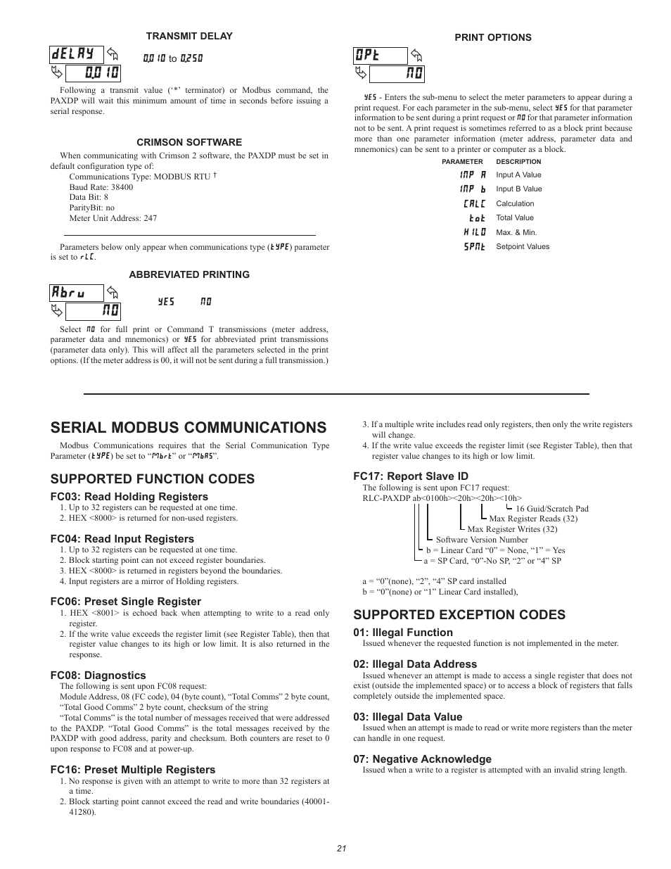 Serial modbus communications, Supported function codes, Supported exception codes | Red Lion PAXDP User Manual | Page 21 / 32