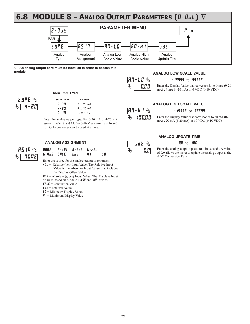 8 module 8 - a, Out asin, Type an-lo an-hi udt | Nalog, Utput, Arameters | Red Lion PAXDP User Manual | Page 26 / 32