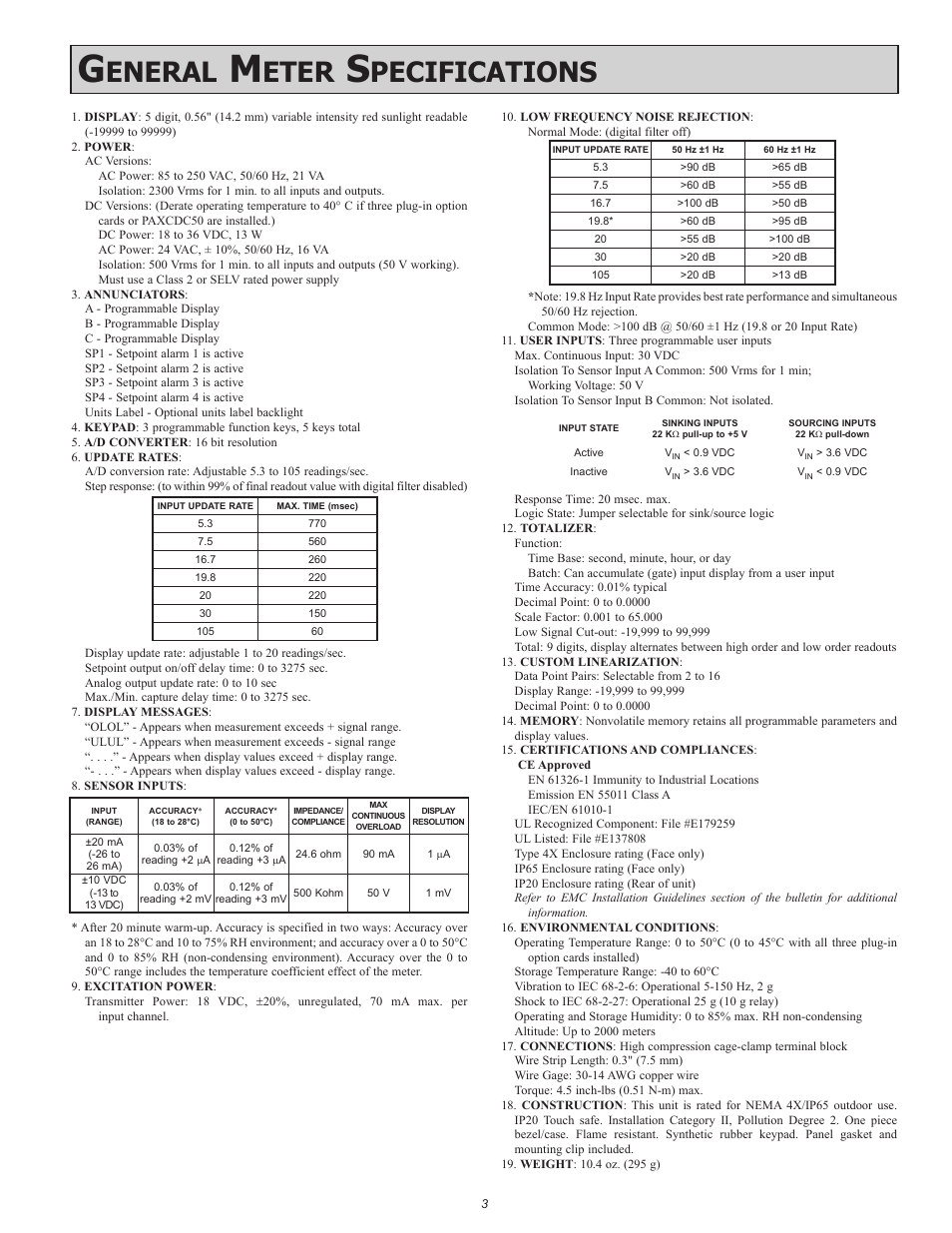 Eneral, Eter, Pecifications | Red Lion PAXDP User Manual | Page 3 / 32