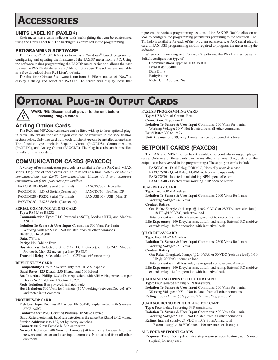Ptional, Utput, Ards | Ccessories, Adding option cards, Communication cards (paxcdc), Setpoint cards (paxcds) | Red Lion PAXDP User Manual | Page 4 / 32