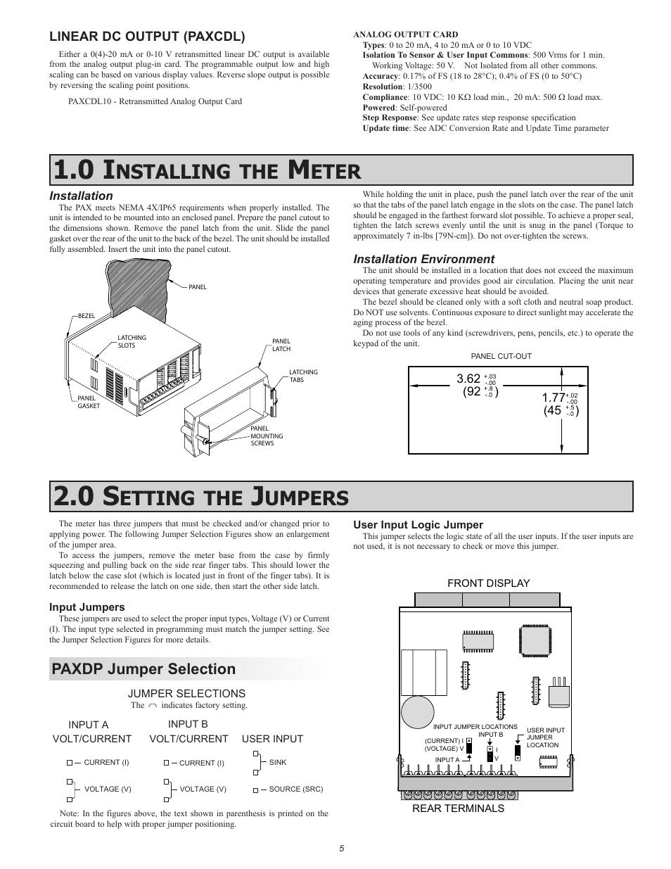 Nstalling, Eter, Etting | Umpers, Paxdp jumper selection, Linear dc output (paxcdl) | Red Lion PAXDP User Manual | Page 5 / 32