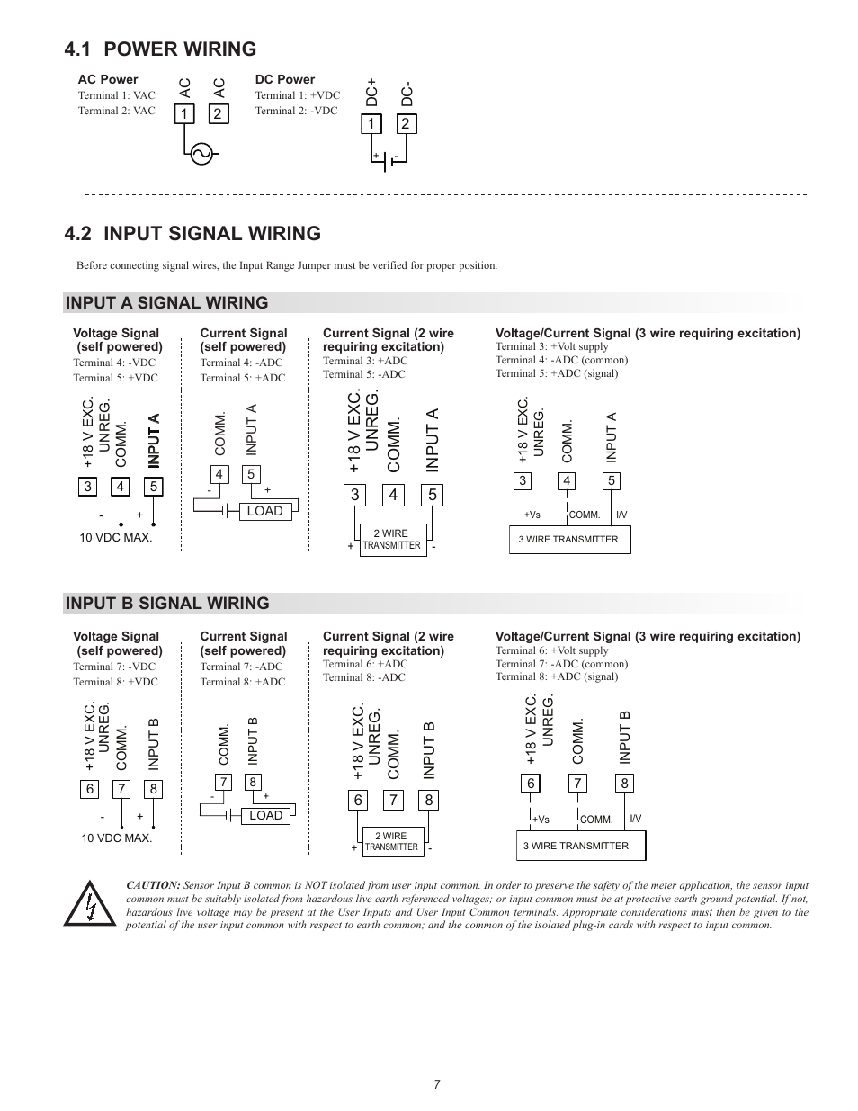 1 power wiring, 2 input signal wiring, Input a signal wiring | Unreg, Input b signal wiring | Red Lion PAXDP User Manual | Page 7 / 32