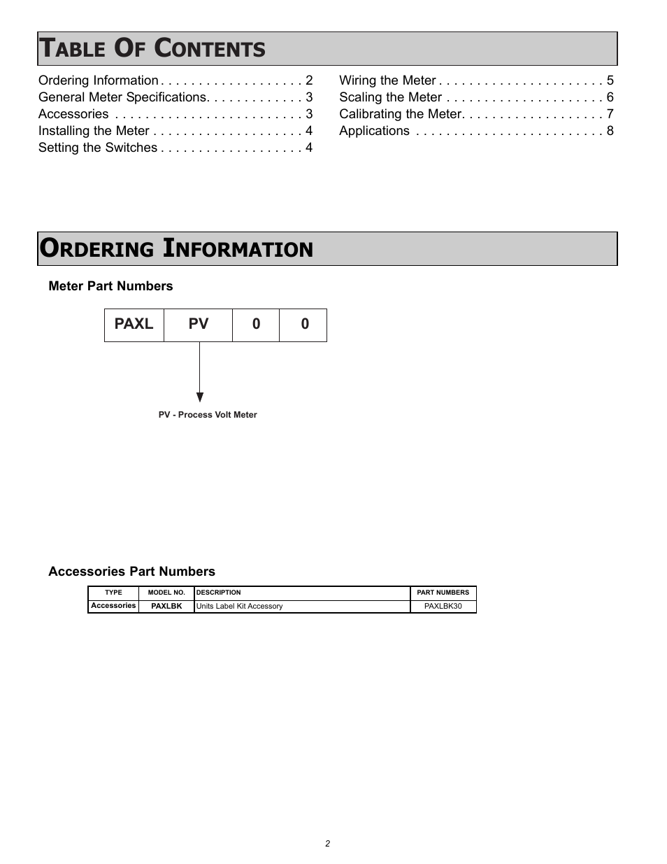 Able, Ontents, Rdering | Nformation | Red Lion PAXLPV User Manual | Page 2 / 8