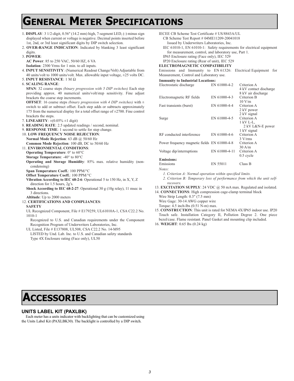 Eneral, Eter, Pecifications | Ccessories | Red Lion PAXLPV User Manual | Page 3 / 8
