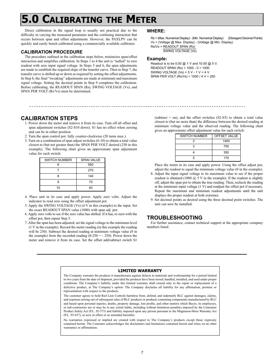 Alibrating the, Eter, Calibration steps | Troubleshooting | Red Lion PAXLPV User Manual | Page 7 / 8