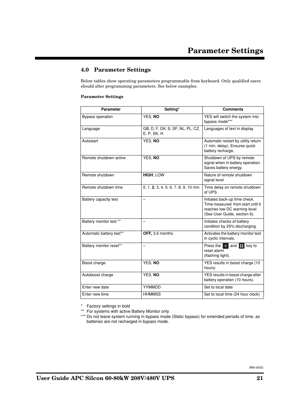 Parameter settings | American Power Conversion 60-80kW 208/480V User Manual | Page 21 / 34