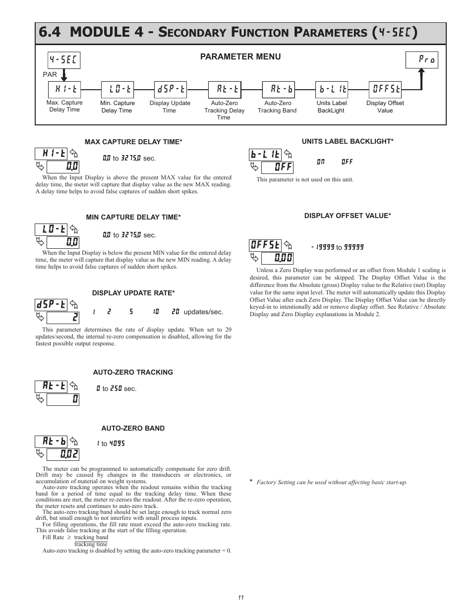 4 module 4 - s, Sec lo-t hi-t dsp-t b-lit, At-t at-b offst | Econdary, Unction, Arameters | Red Lion LDSG User Manual | Page 11 / 20