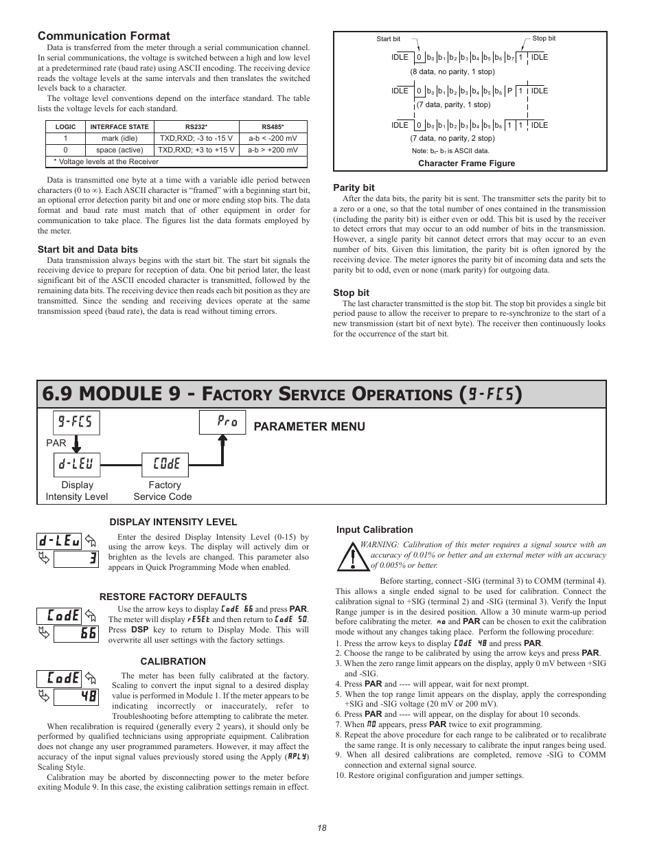9 module 9 - f, D-lev, Fcs pro | Code, Actory, Ervice, Perations, Communication format, Parameter menu | Red Lion LDSG User Manual | Page 18 / 20