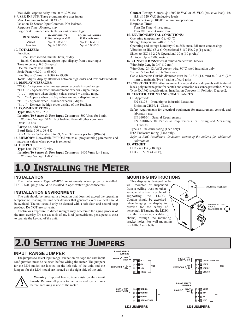 Nstalling, Eter, Etting | Umpers, Input range jumper, Installation, Installation environment, Mounting instructions | Red Lion LDSG User Manual | Page 2 / 20