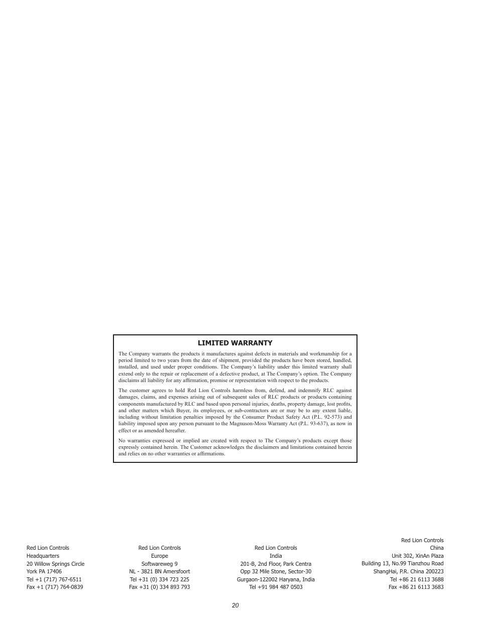 Limited warranty | Red Lion LDSG User Manual | Page 20 / 20