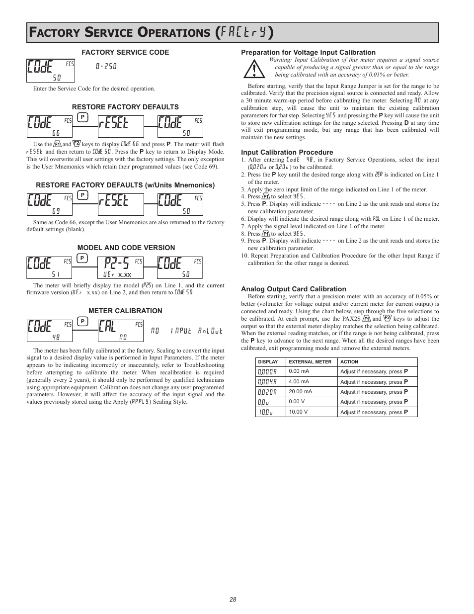 Code, Reset, P2-s | Factry ), Actory, Ervice, Perations | Red Lion PAX2S User Manual | Page 28 / 36