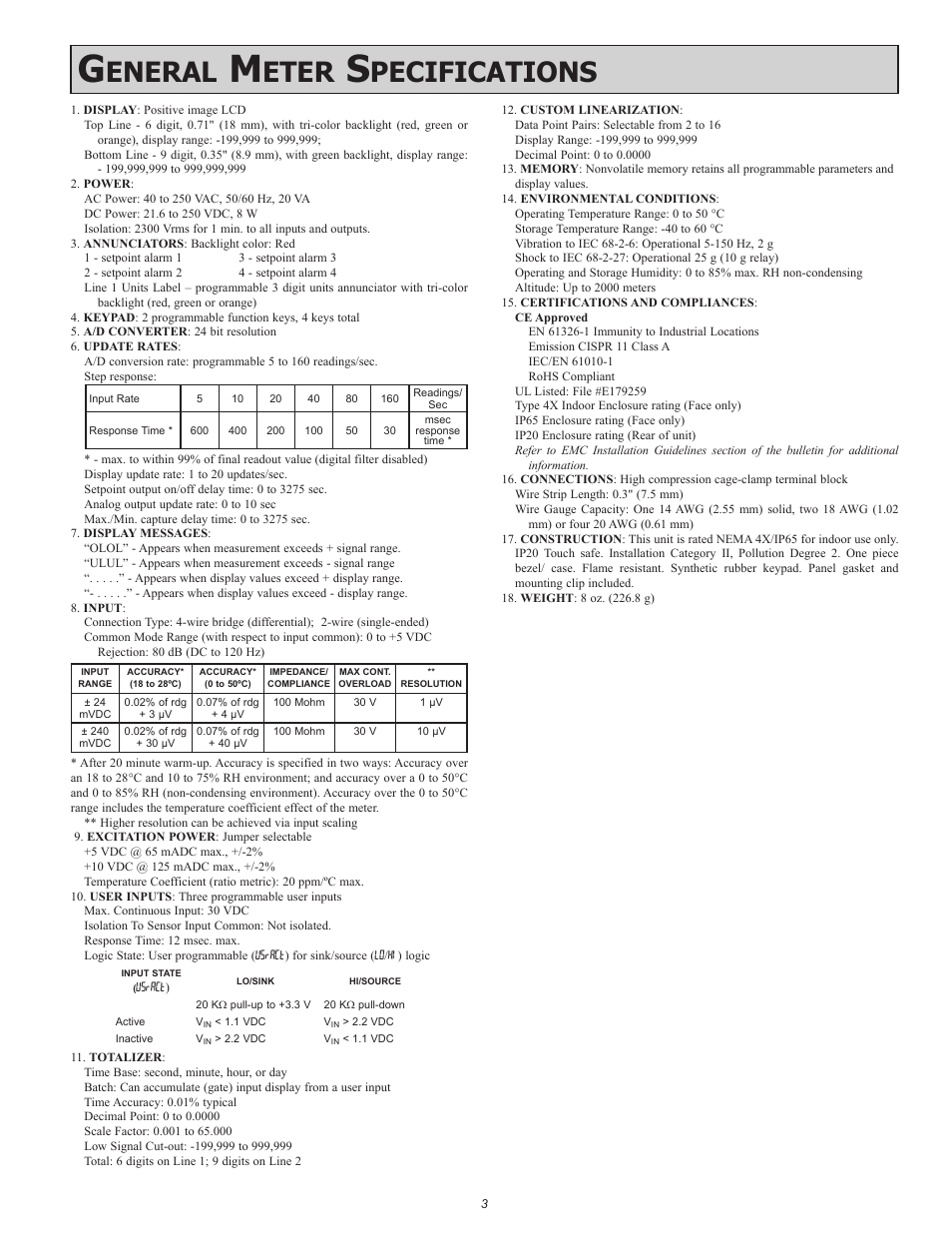 Eneral, Eter, Pecifications | Red Lion PAX2S User Manual | Page 3 / 36