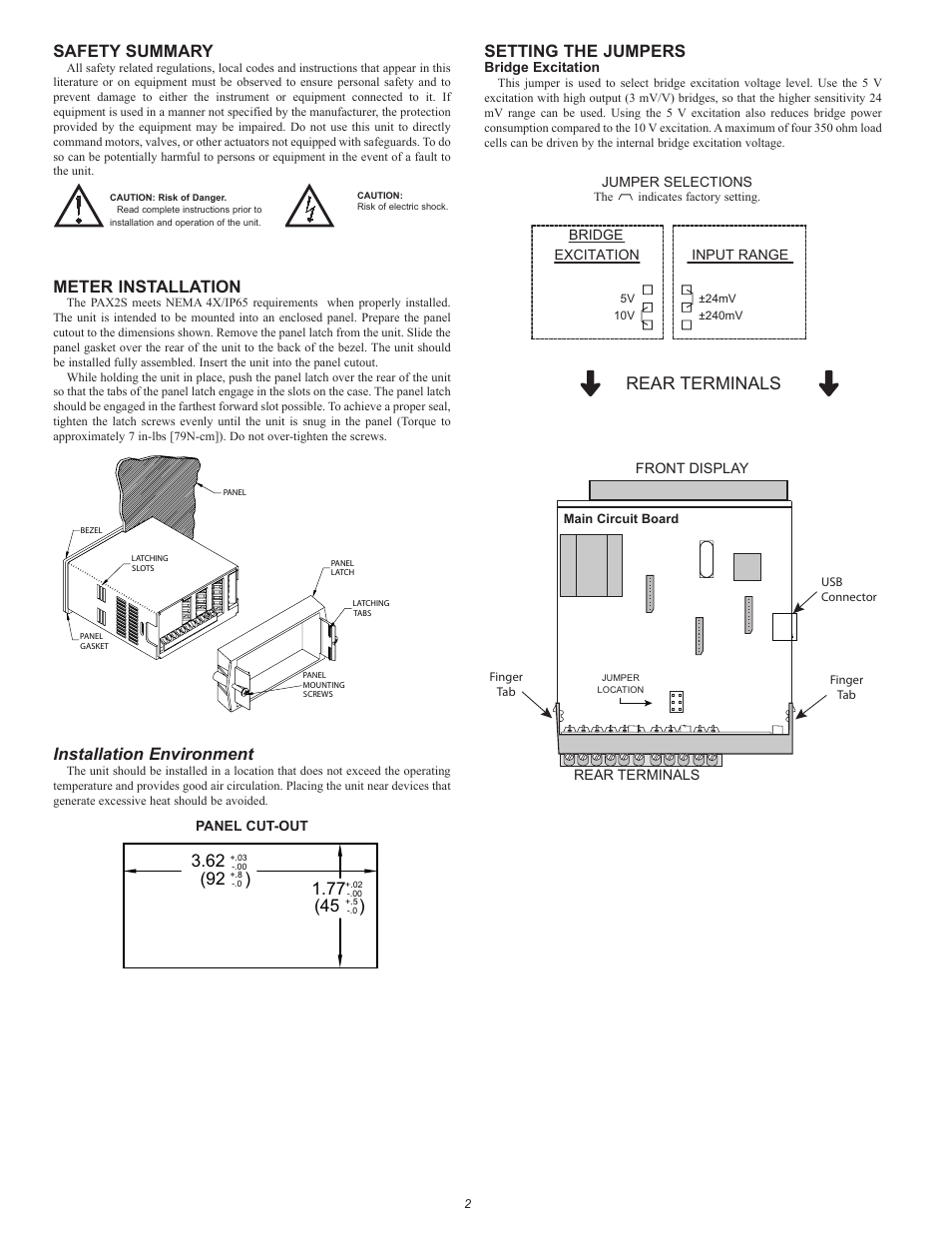 Safety summary, Meter installation, Installation environment | Setting the jumpers, Rear terminals | Red Lion PAX2S User Manual | Page 2 / 4