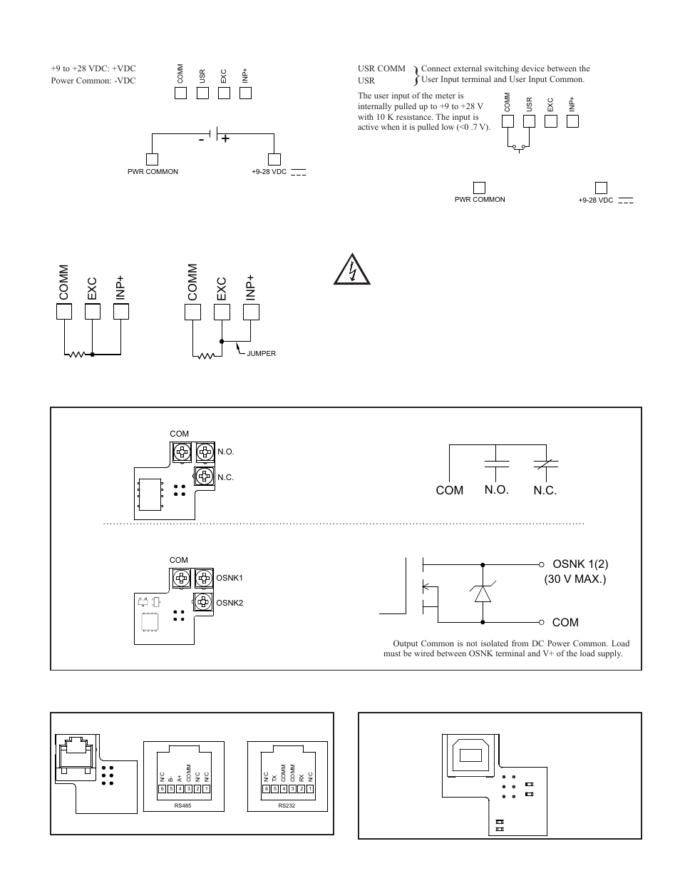 1 power wiring, 2 user input wiring, 6 usb programming | Com n.o. n.c, Comm inp+ exc | Red Lion CUB5RT User Manual | Page 5 / 12