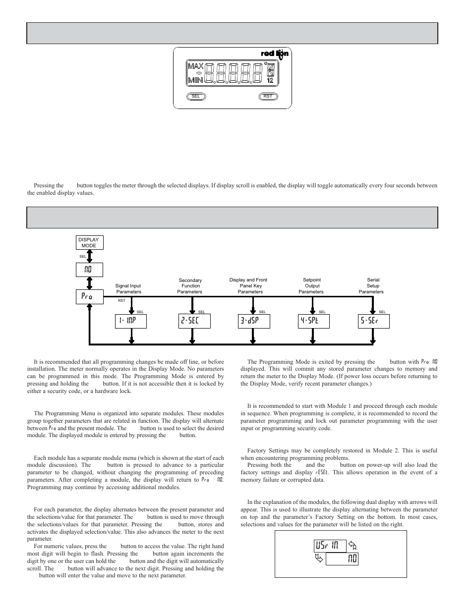 Eviewing, Ront, Uttons | Isplay, Rogramming, Eter, N0 usrin, Sec 1-inp 4-spt 5-ser, Overview, Programming menu | Red Lion CUB5RT User Manual | Page 6 / 12
