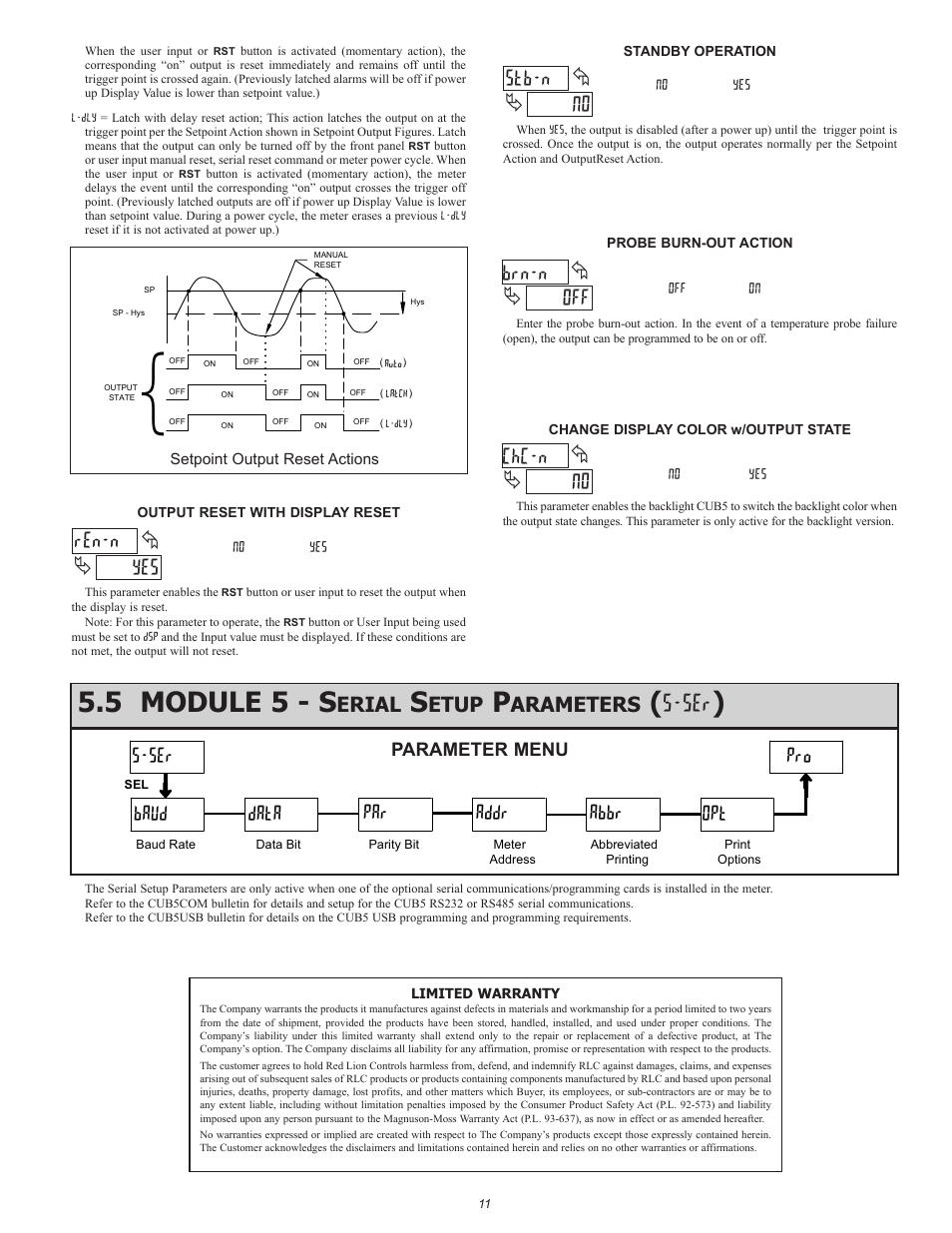 5 module 5 - s, Yes ren-n, No stb-n | No chc-n, Off brn-n, Ser baud data par addr abbr opt pro, Erial, Etup, Arameters | Red Lion CUB5TC User Manual | Page 11 / 12