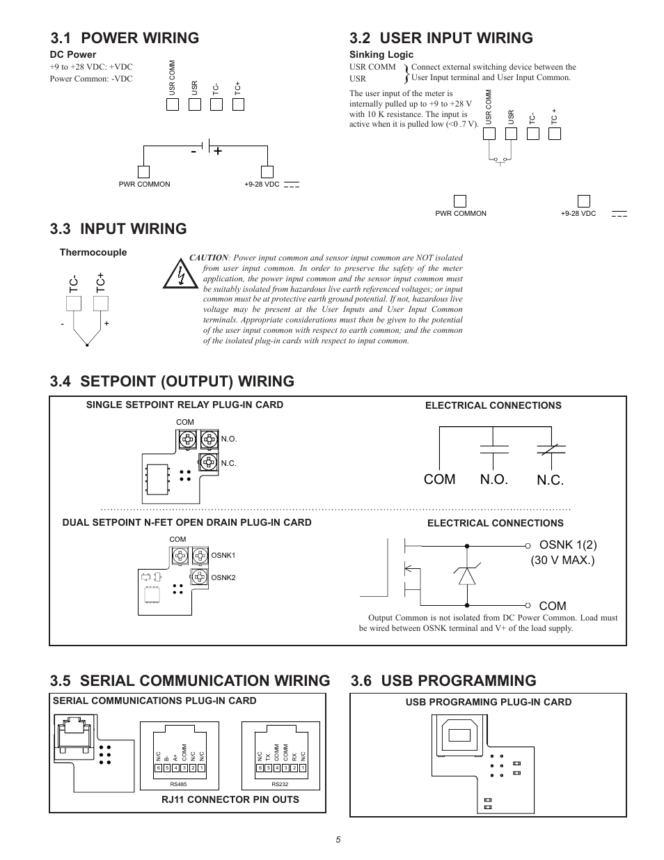 1 power wiring, 2 user input wiring, 3 input wiring 3.4 setpoint (output) wiring | 5 serial communication wiring, 6 usb programming, Com n.o. n.c, Com osnk 1(2) (30 v max.) | Red Lion CUB5TC User Manual | Page 5 / 12