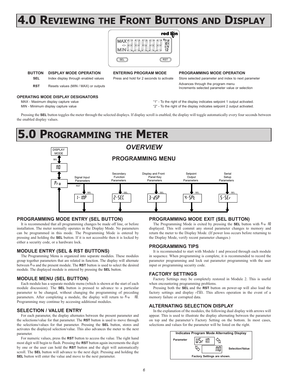 Eviewing, Ront, Uttons | Isplay, Rogramming, Eter, N0 usrin, Sec 1-inp 4-spt 5-ser, Overview, Programming menu | Red Lion CUB5TC User Manual | Page 6 / 12