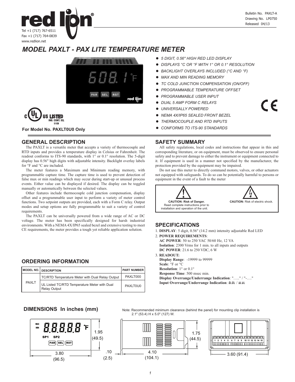 Red Lion PAXLT User Manual | 12 pages