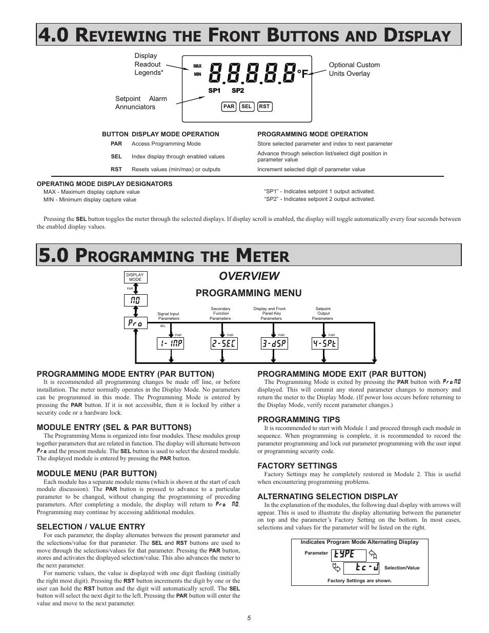 Eviewing, Ront, Uttons | Isplay, Rogramming, Eter, Overview, Sec 1-inp 4-spt, Programming menu | Red Lion PAXLT User Manual | Page 5 / 12