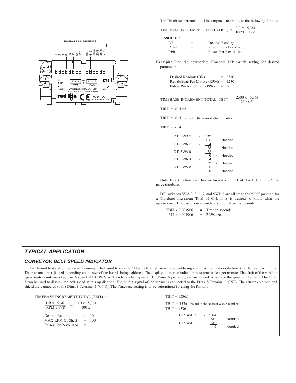 Rear panel dip switches, Timebase selection, Typical application | Conveyor belt speed indicator | Red Lion DT8 User Manual | Page 3 / 4