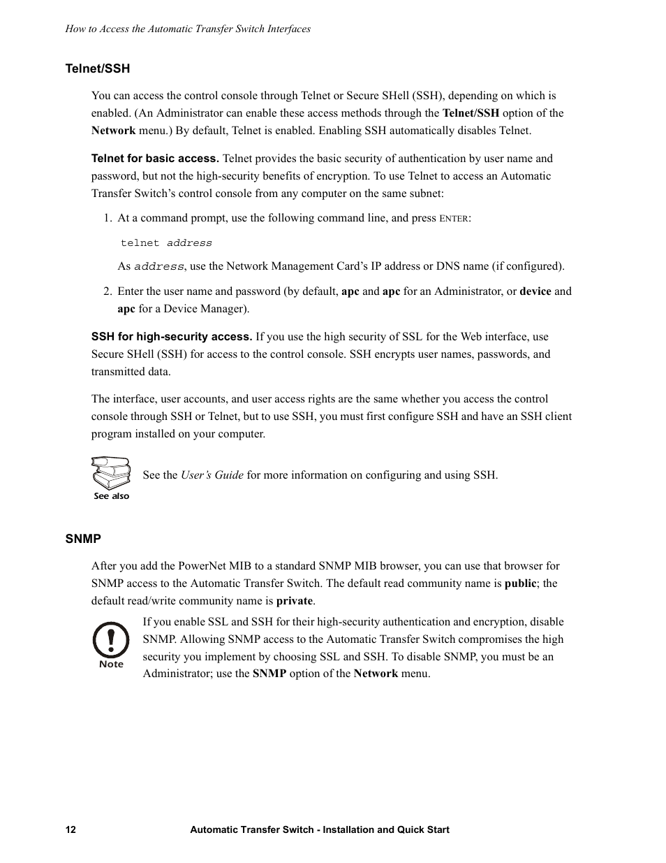 Telnet/ssh, Snmp | American Power Conversion Automatic Transfer User Manual | Page 16 / 25