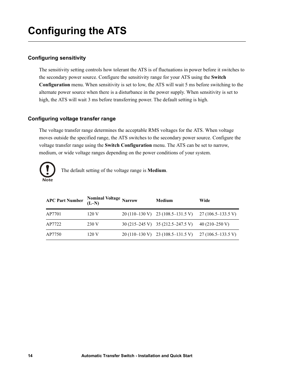 Configuring the ats, Configuring sensitivity, Configuring voltage transfer range | American Power Conversion Automatic Transfer User Manual | Page 18 / 25