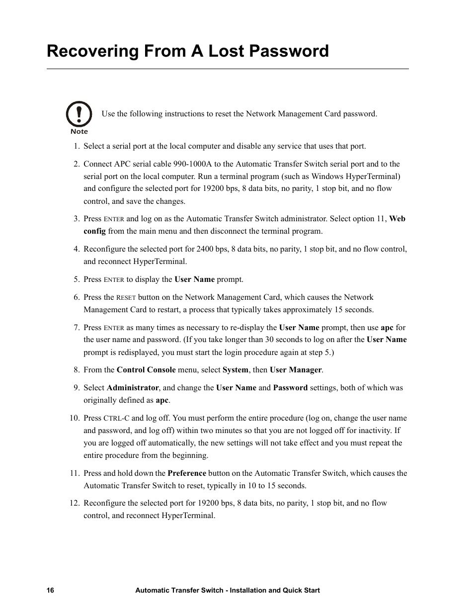Recovering from a lost password | American Power Conversion Automatic Transfer User Manual | Page 20 / 25