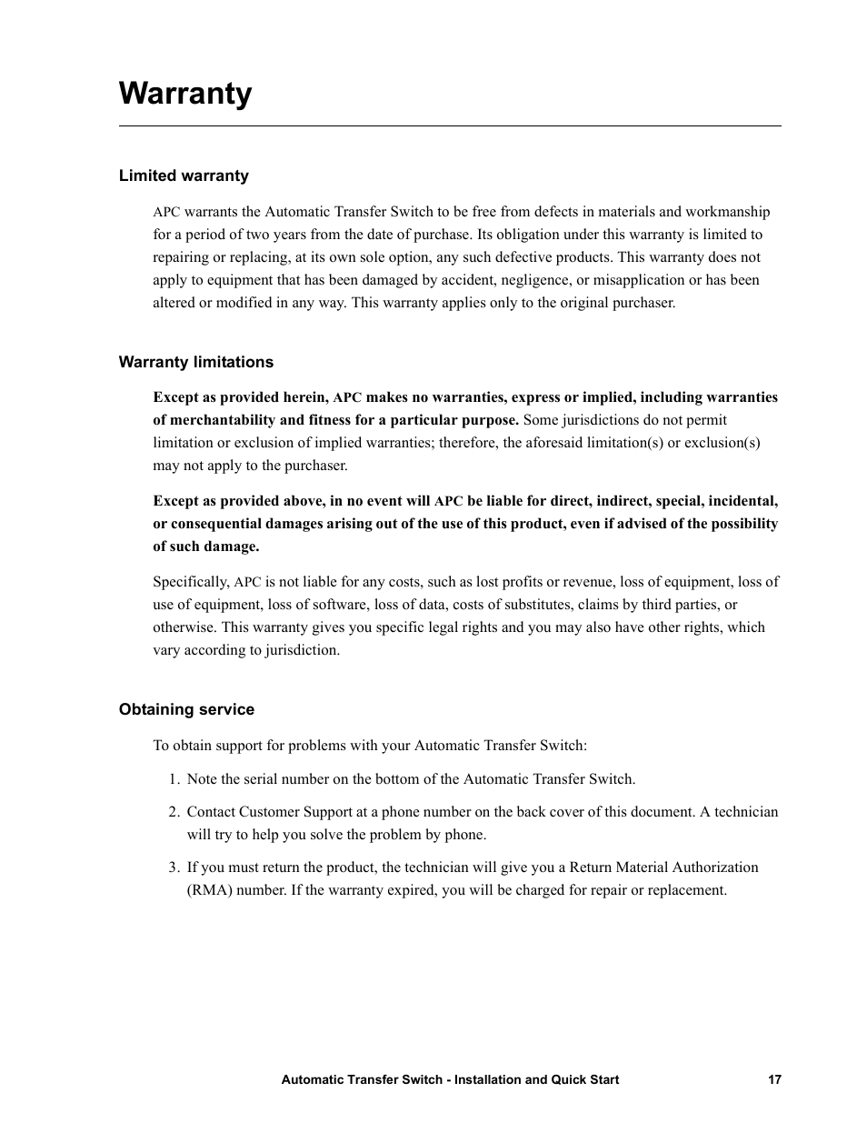 Warranty, Limited warranty, Warranty limitations | Obtaining service | American Power Conversion Automatic Transfer User Manual | Page 21 / 25