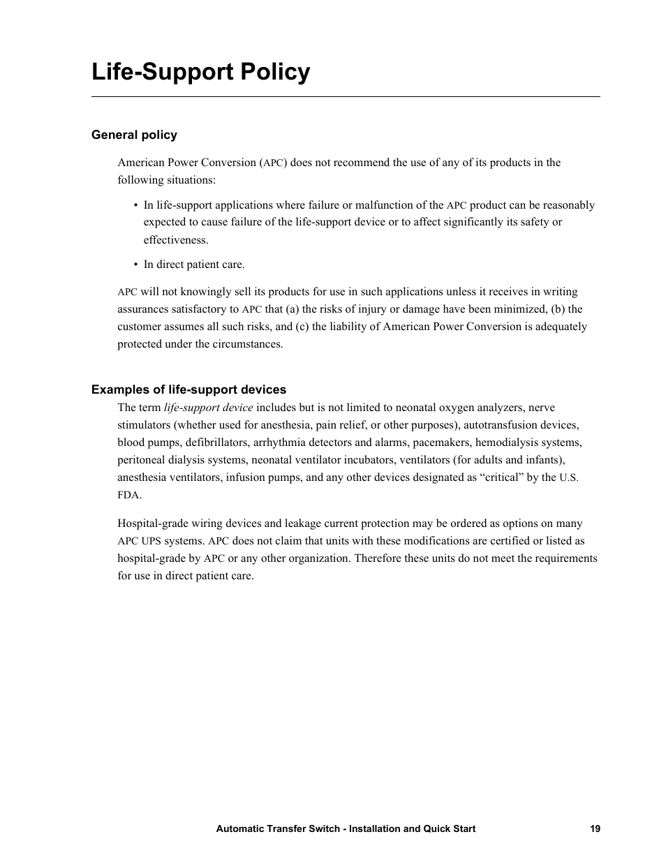 Life-support policy, General policy, Examples of life-support devices | American Power Conversion Automatic Transfer User Manual | Page 23 / 25