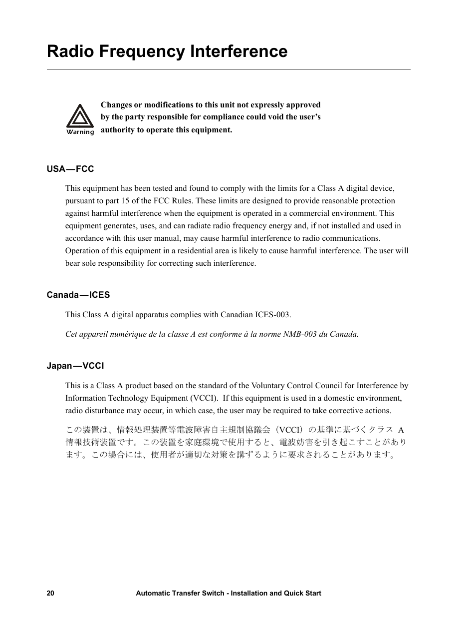 Usa—fcc, Canada—ices, Japan—vcci | Radio frequency interference | American Power Conversion Automatic Transfer User Manual | Page 24 / 25