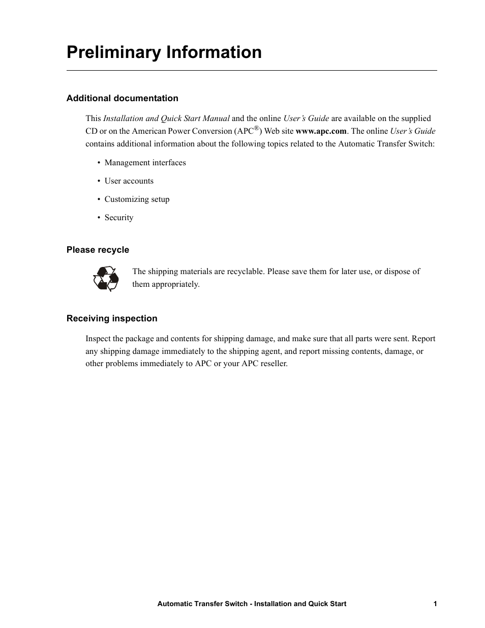 Preliminary information, Additional documentation, Please recycle | Receiving inspection | American Power Conversion Automatic Transfer User Manual | Page 5 / 25