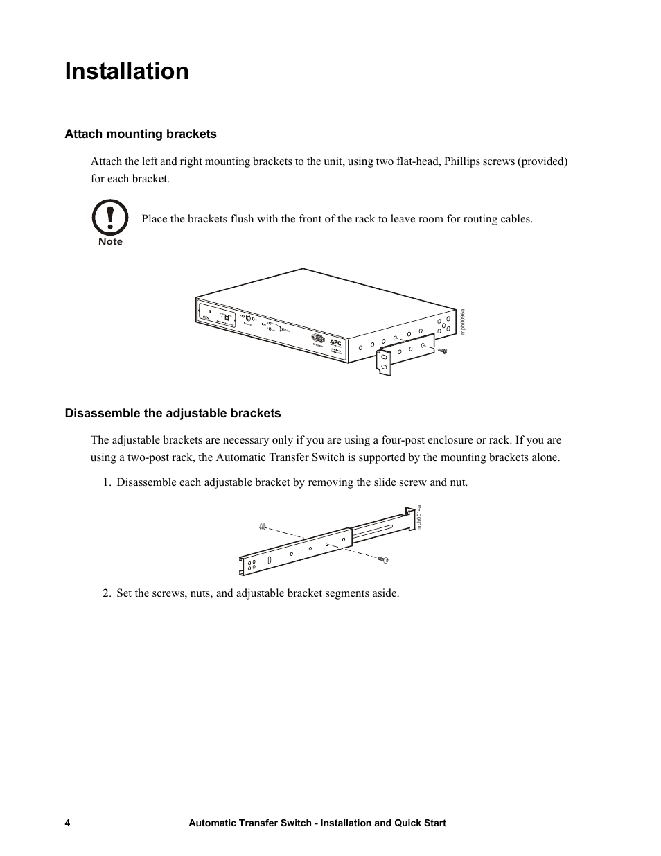 Installation, Attach mounting brackets, Disassemble the adjustable brackets | American Power Conversion Automatic Transfer User Manual | Page 8 / 25