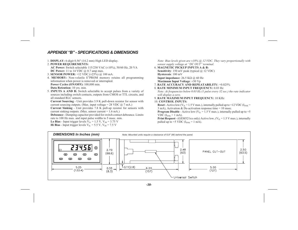 Appendix “b” - specifications & dimensions | Red Lion GEMINI 52 User Manual | Page 40 / 64