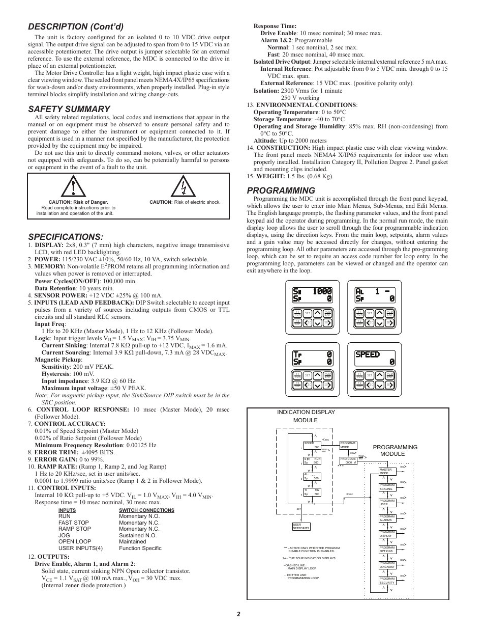 Description (cont’d), Safety summary, Specifications | Programming | Red Lion MDC User Manual | Page 2 / 4
