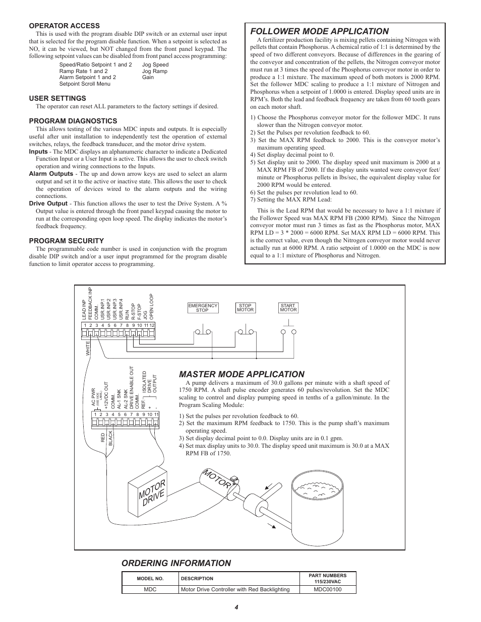 Mot or drive, Ordering information follower mode application, Mo tor | Master mode application, Operator access, User settings, Program diagnostics, Program security | Red Lion MDC User Manual | Page 4 / 4