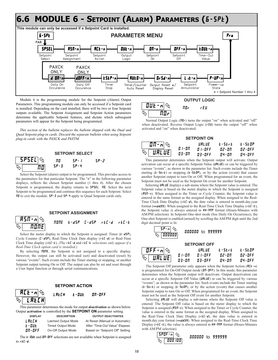 6 module 6 - s, Etpoint, Larm | Arameters, Parameter menu, On-off t-out latch | Red Lion PAXCK User Manual | Page 18 / 28