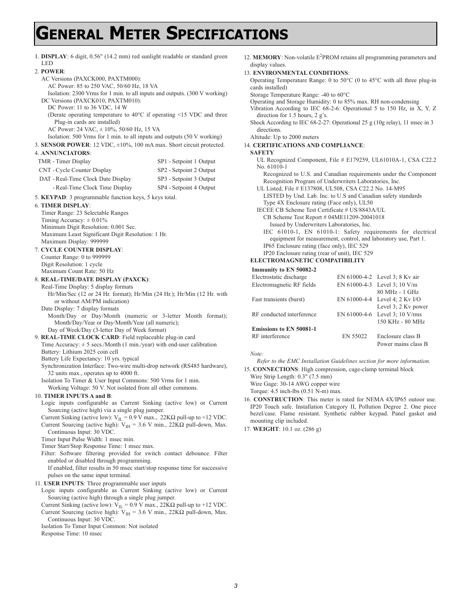 Eneral, Eter, Pecifications | Red Lion PAXCK User Manual | Page 3 / 28