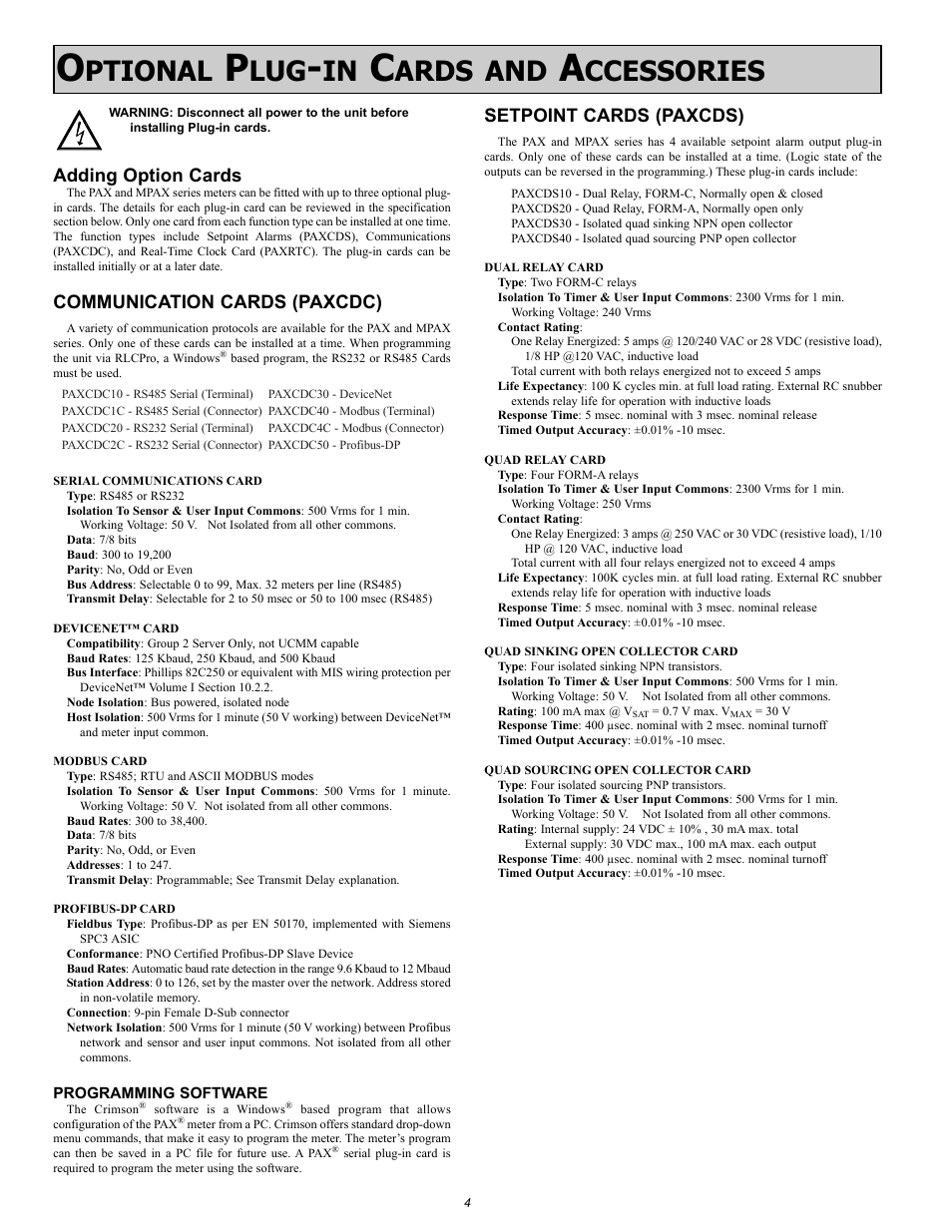 Ptional, Ards and, Ccessories | Adding option cards, Communication cards (paxcdc), Setpoint cards (paxcds) | Red Lion PAXCK User Manual | Page 4 / 28