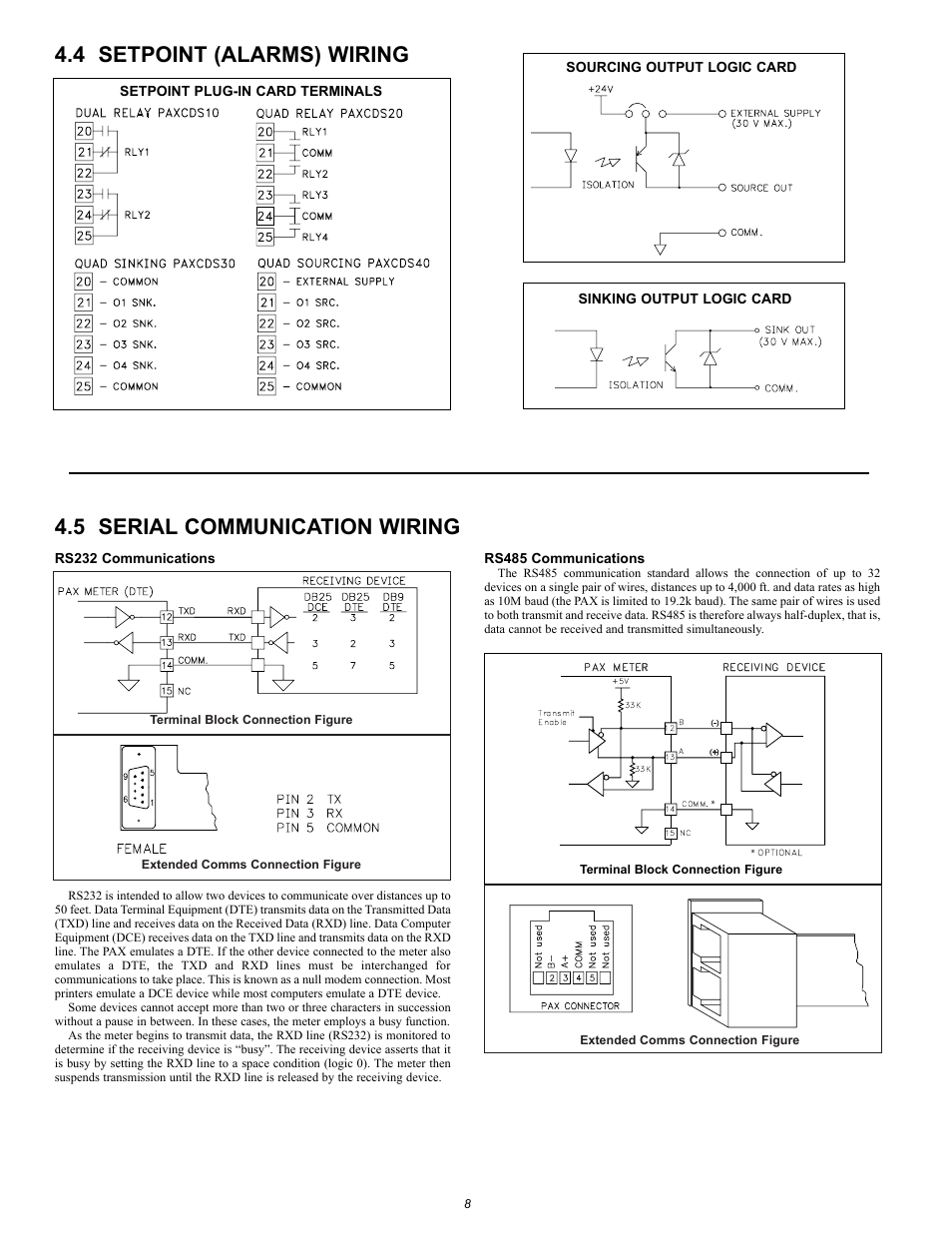 4 setpoint (alarms) wiring, 5 serial communication wiring, Rs232 communications | Rs485 communications | Red Lion PAXCK User Manual | Page 8 / 28