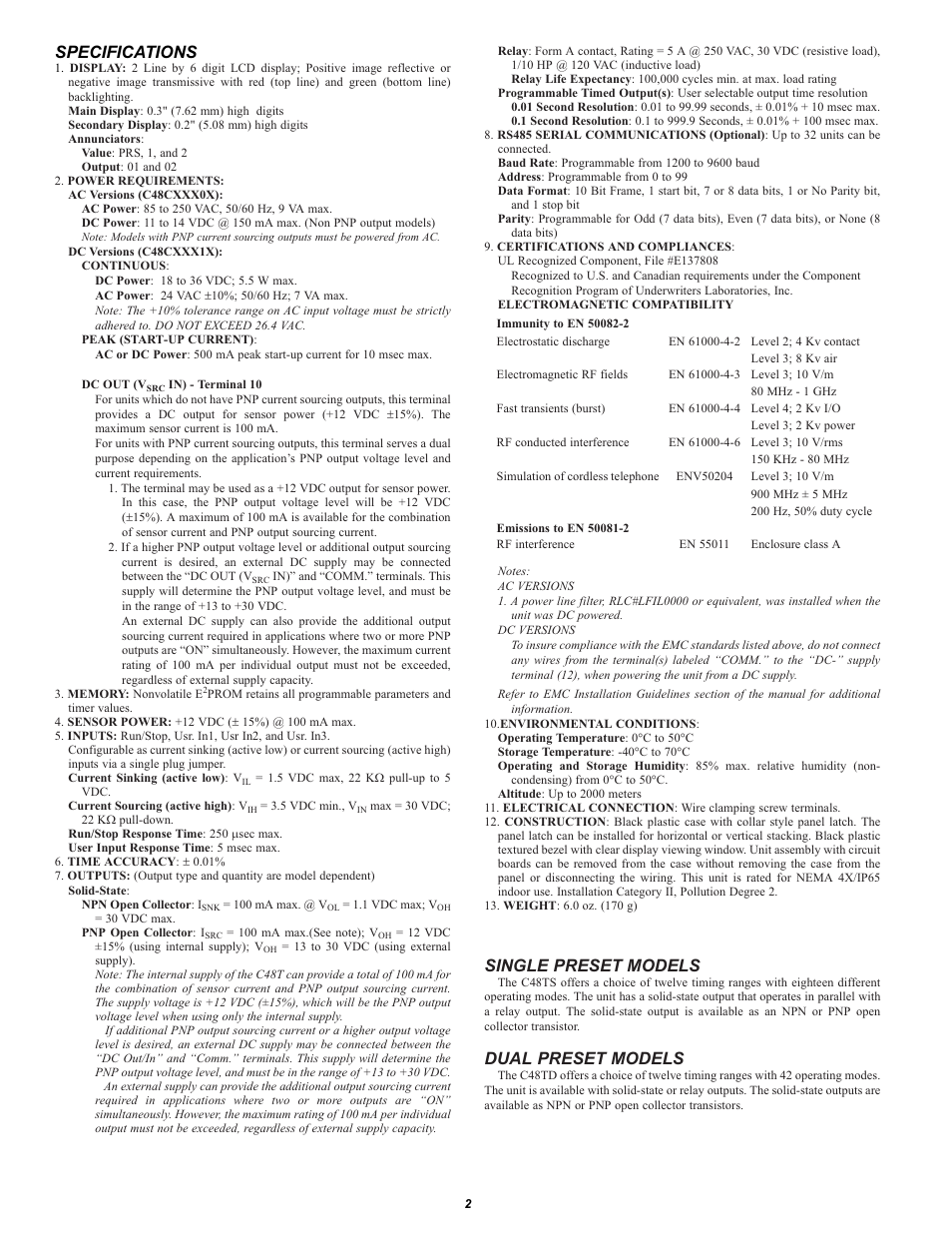 Specifications, Single preset models, Dual preset models | Red Lion C48T User Manual | Page 2 / 5